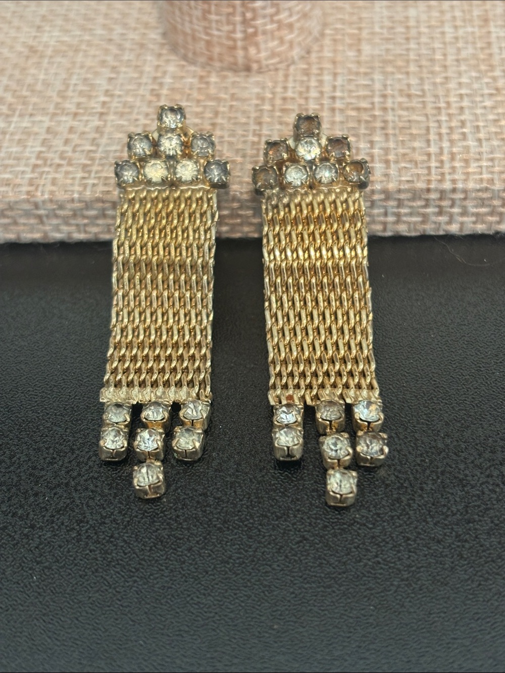 Vintage Gold Tone Mesh Dangle Earrings Rhinestone Fringe Chandelier